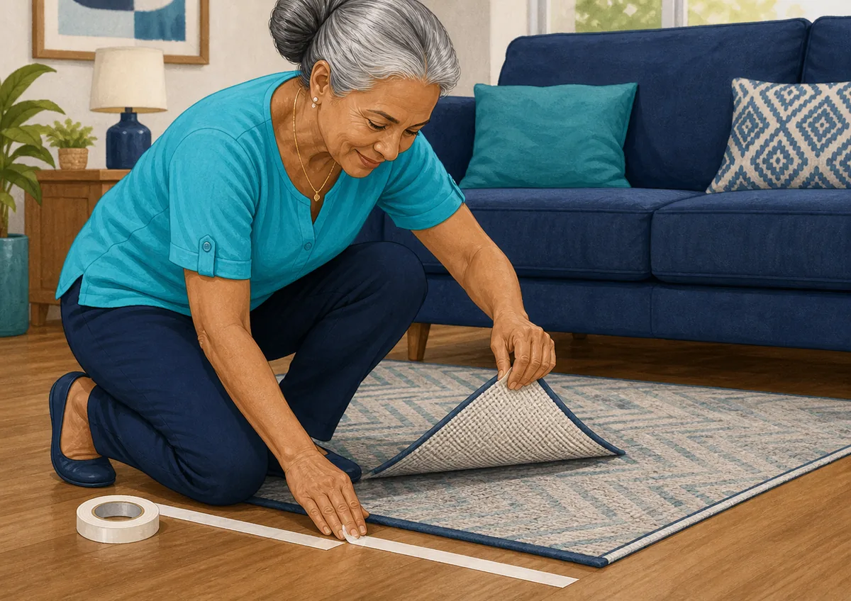 Mulher idosa fixando a borda de um tapete com fita adesiva para evitar quedas em casa