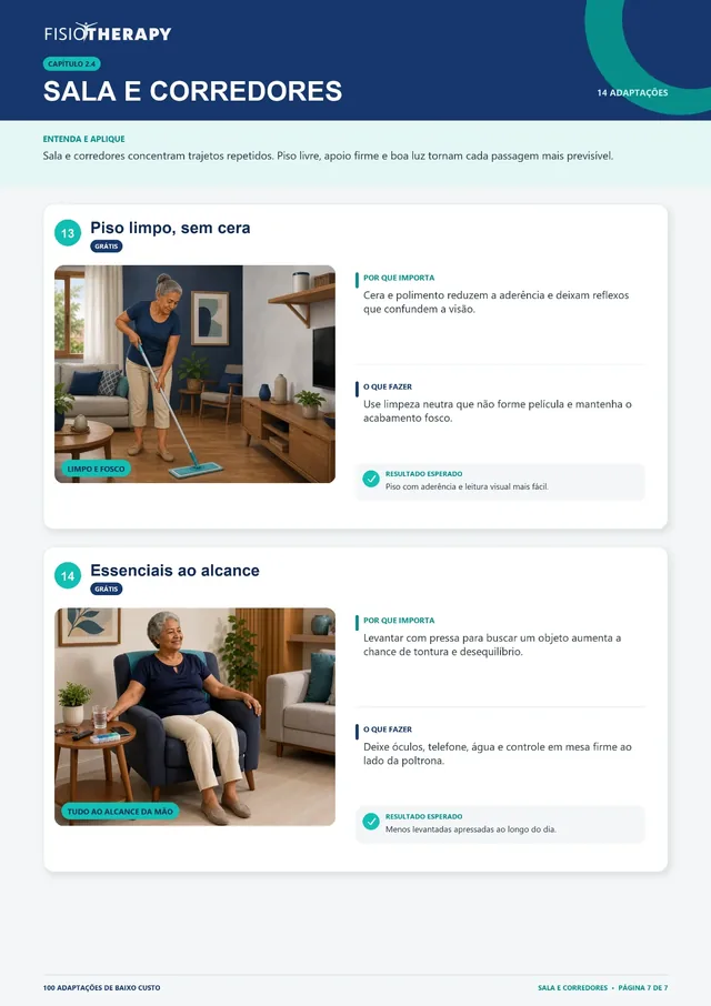 Sala e corredores — piso limpo sem cera e essenciais ao alcance