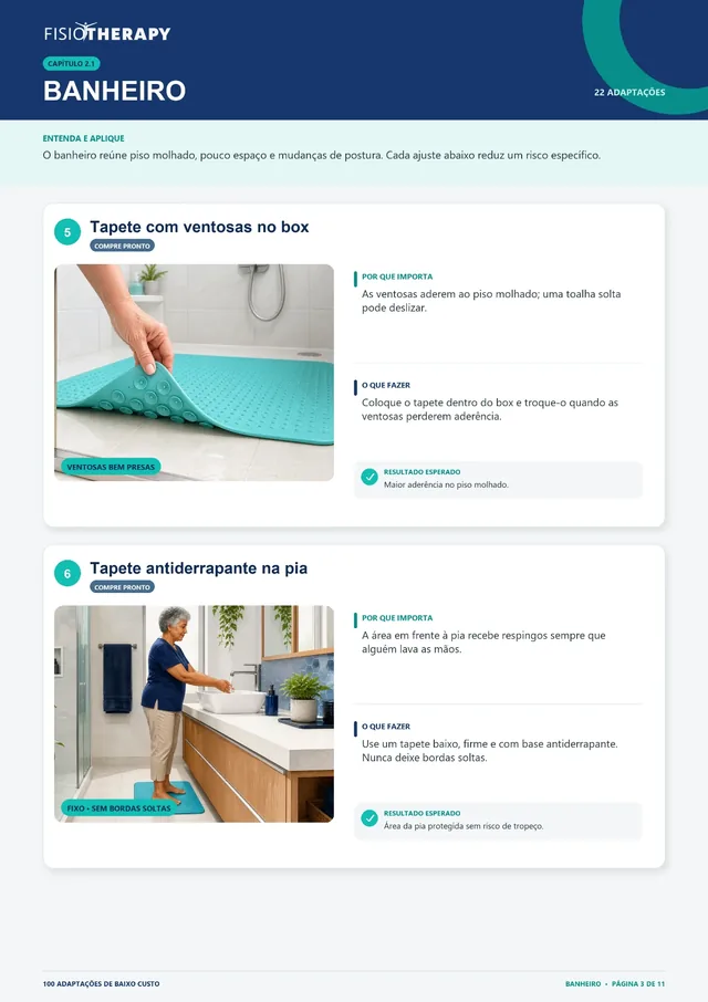 Banheiro — tapete com ventosas no box e tapete antiderrapante na pia