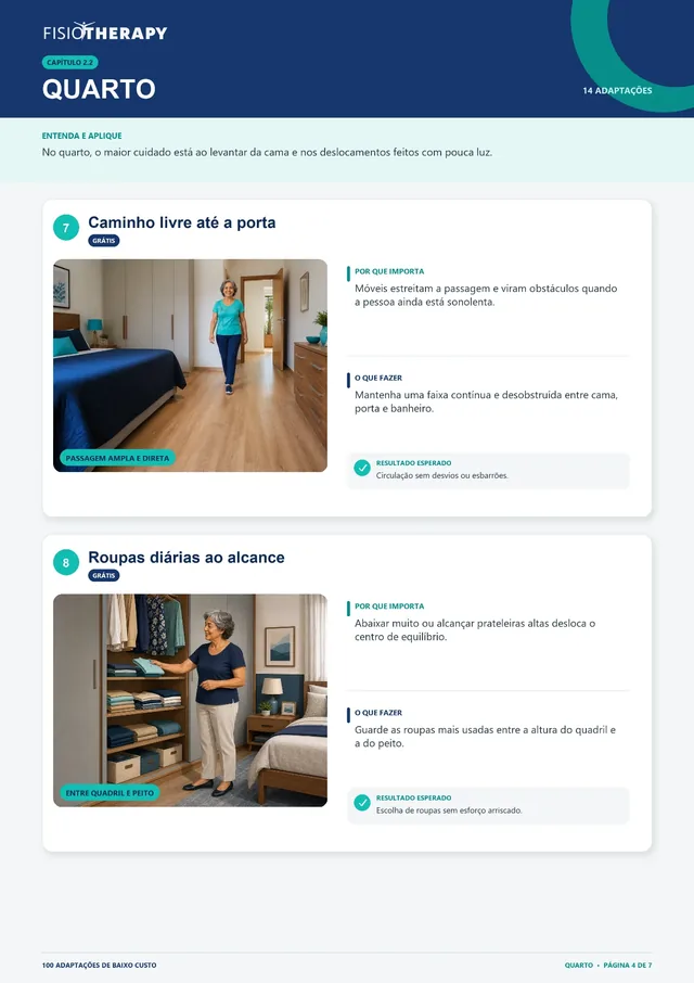 Quarto — caminho livre até a porta e roupas diárias ao alcance